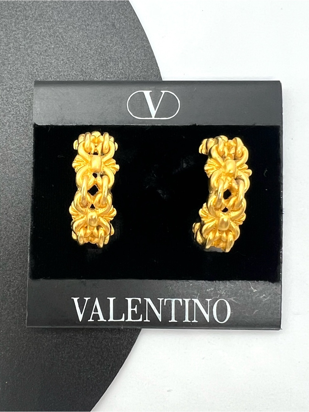 Valentino Vintage Matte Gold Openwork Chain Link Clip On Hoop Earrings Italy